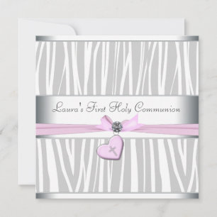 White Pink Zebra Heart Pink Cross First Communion Invitation