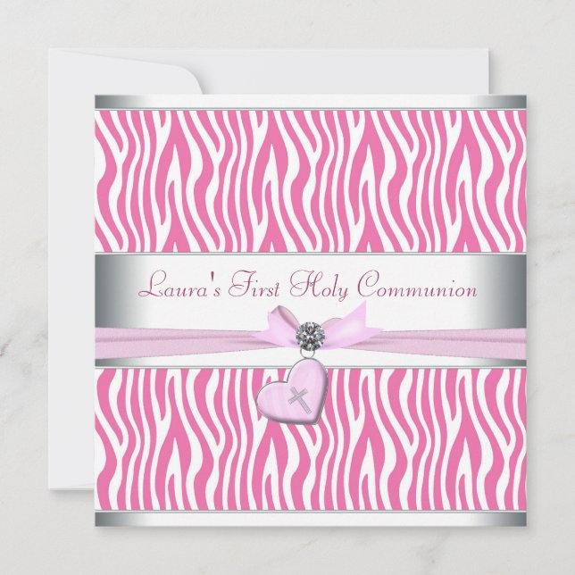 White Pink Zebra Heart Pink Cross First Communion Invitation (Front)