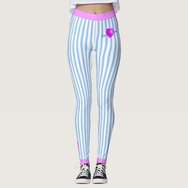 White Pinstripes with Sign Your Name Heart on BLUE Leggings (Front)