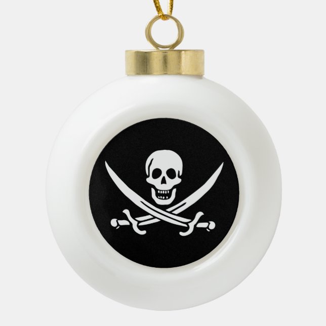 White, Pirate Flag Calico Jack, Skull & Cutlass Ceramic Ball Christmas Ornament (Front)