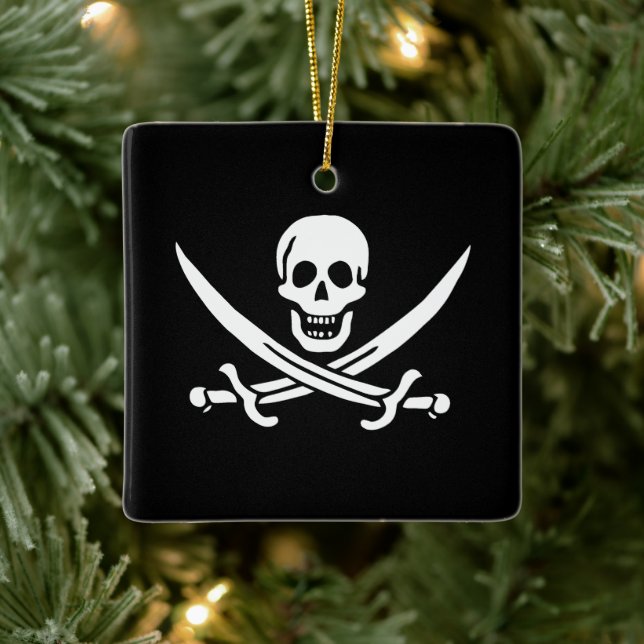 White, Pirate Flag Calico Jack, Skull & Cutlass  Ceramic Ornament (Tree)