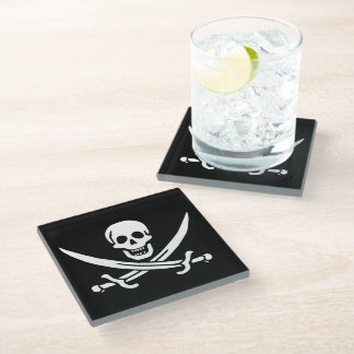 White, Pirate Flag Calico Jack, Skull & Cutlass Glass Coaster