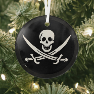 White, Pirate Flag Calico Jack, Skull & Cutlass Glass Ornament