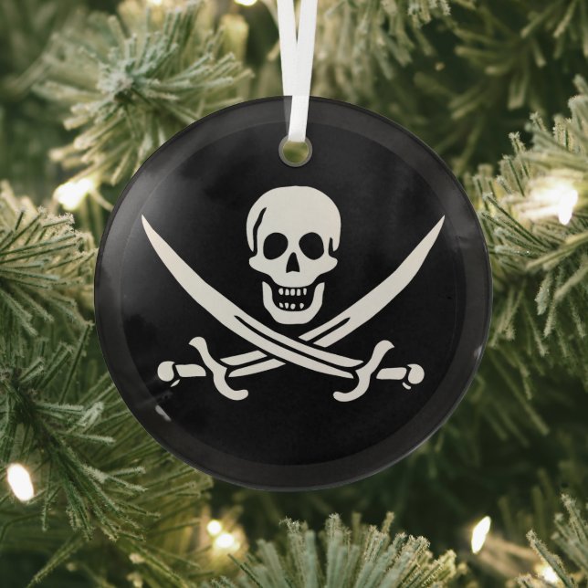 White, Pirate Flag Calico Jack, Skull & Cutlass  Glass Ornament (Insitu)