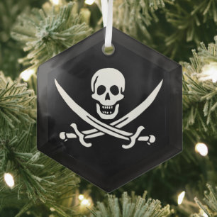 White, Pirate Flag Calico Jack, Skull & Cutlass Glass Ornament