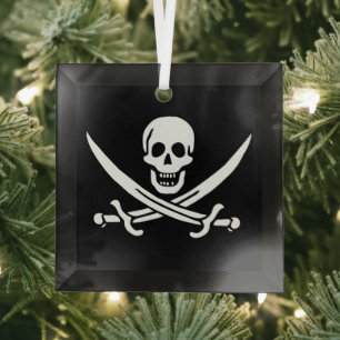 White, Pirate Flag Calico Jack, Skull & Cutlass  Glass Ornament