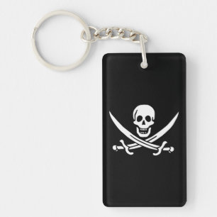 White, Pirate Flag Calico Jack, Skull & Cutlass  Keychain