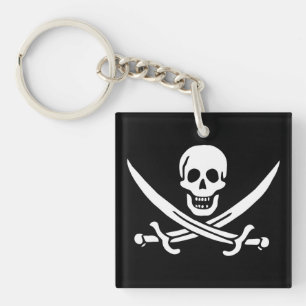 White, Pirate Flag Calico Jack, Skull & Cutlass  Keychain