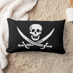 White, Pirate Flag Calico Jack, Skull & Cutlass  Lumbar Pillow