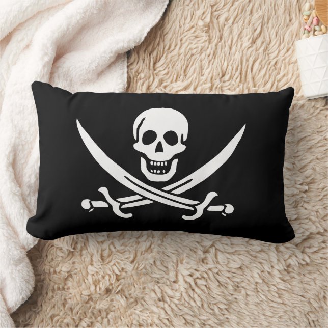 White, Pirate Flag Calico Jack, Skull & Cutlass  Lumbar Pillow (Blanket)