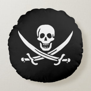 White, Pirate Flag Calico Jack, Skull & Cutlass Round Pillow
