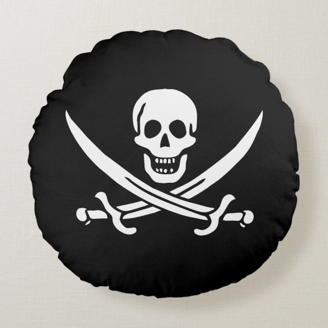 White, Pirate Flag Calico Jack, Skull & Cutlass Round Pillow (Front)