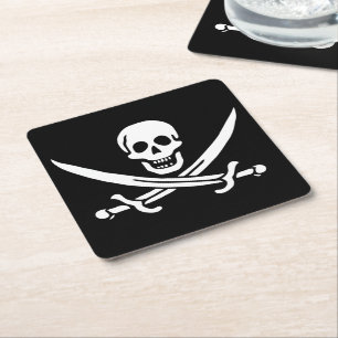 White, Pirate Flag Calico Jack, Skull & Cutlass Square Paper Coaster
