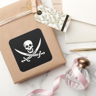 White, Pirate Flag Calico Jack, Skull & Cutlass  Square Sticker