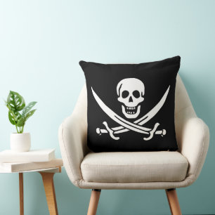 White, Pirate Flag Calico Jack, Skull & Cutlass Throw Pillow