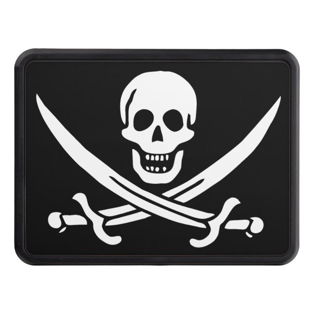 White, Pirate Flag Calico Jack, Skull & Cutlass  Trailer Hitch Cover (Front)