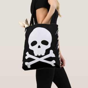 White Pirate Skull on Black Background Tote Bag