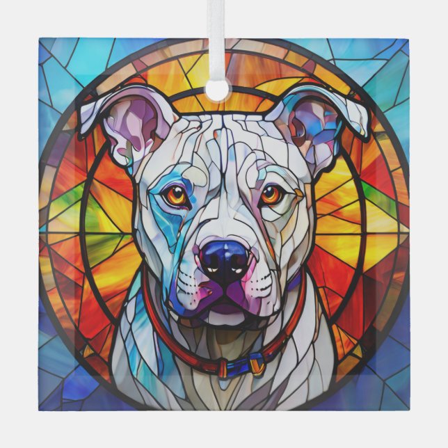 White Pit Bull Dog "Stained Glass" Glass Ornament (Front)