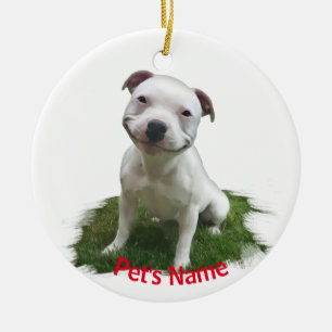 White Pitbull Grinning in the Grass Ceramic Ornament