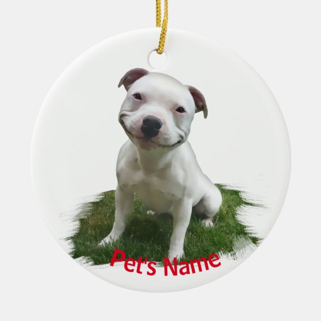 White Pitbull Grinning in the Grass Ceramic Ornament (Front)