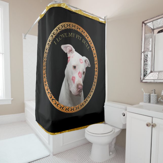 White pitbull with red kisses all over his face. (In Situ)