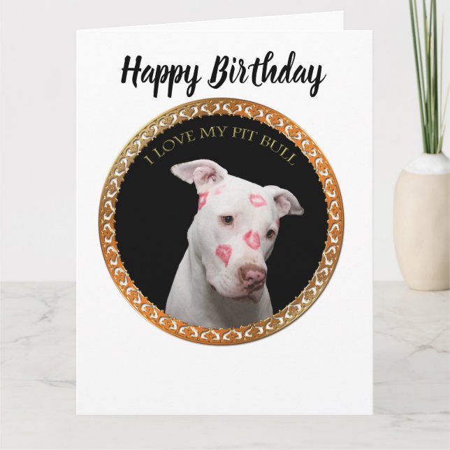 White pitbull with red kisses all over his face. card (Front)