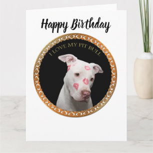 White pitbull with red kisses all over his face. card