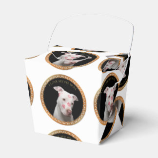 White pitbull with red kisses all over his face. favor box