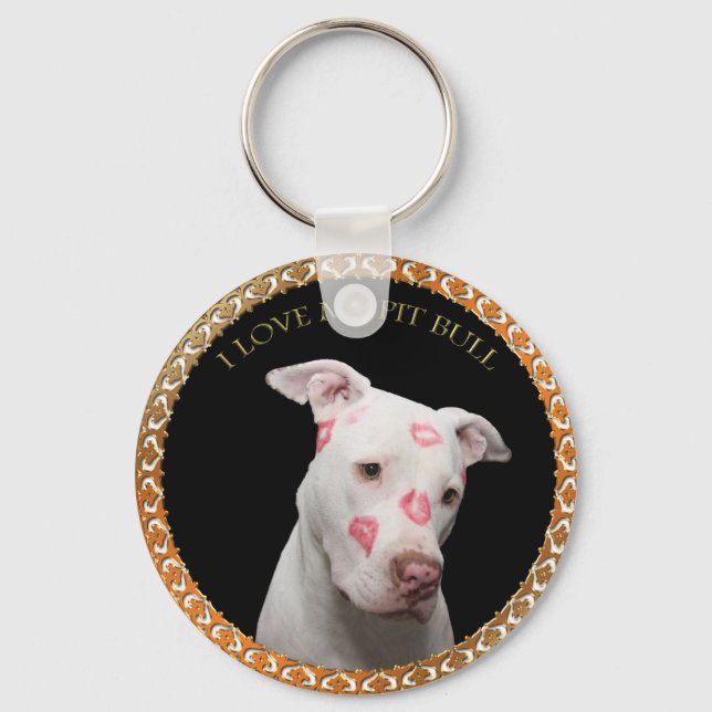 White pitbull with red kisses all over his face. keychain (Front)