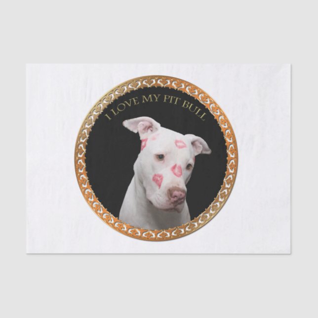 White pitbull with red kisses all over his face. tissue paper (Front)