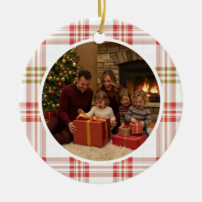 White Plaid Family Christmas Ceramic Ornament (Front)