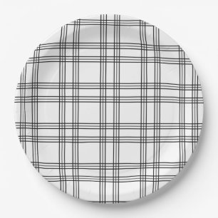 White Plaid Tartan With Black Lines Paper Plate