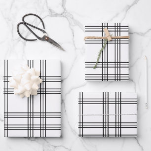 White Plaid Tartan With Black Lines Wrapping Paper Sheet