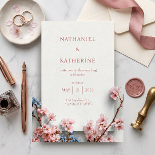 White Plaster Minimalist Sakura Frame Wedding Invitation