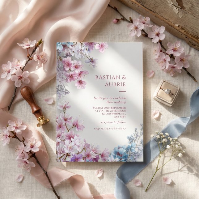 White Plaster Pink Sakura Botanical Border Wedding Invitation (Creator Uploaded)