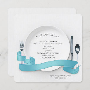 White plate with silverware and banner invitation