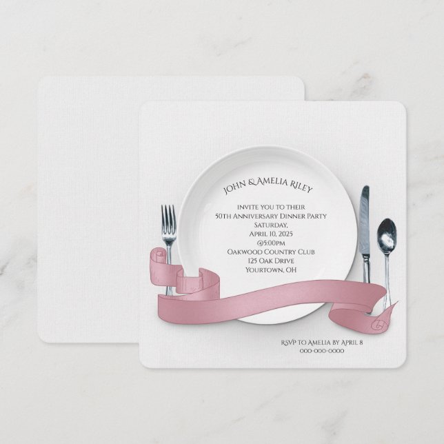 White plate with silverware party and banner invitation (Front/Back)