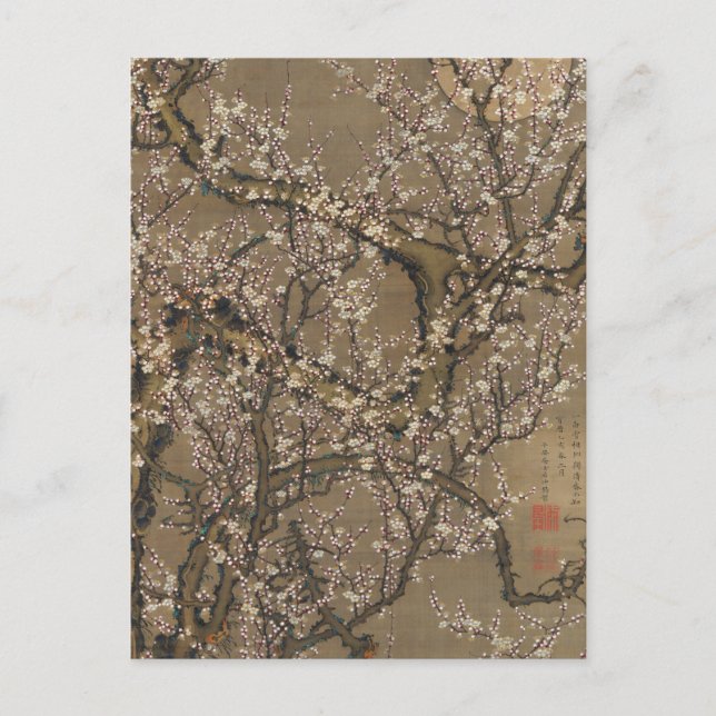 White Plum Blossoms and Moon by Ito Jakuchu Postcard (Front)