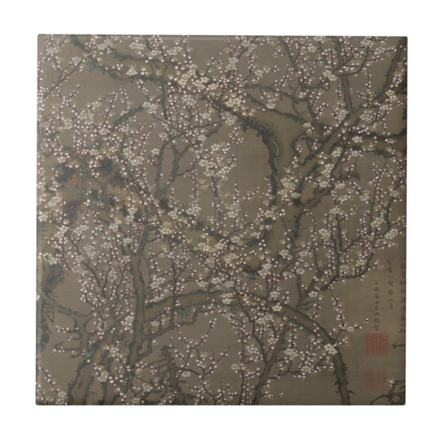 White Plum Blossoms and Moon - Itō Jakuchū Art  Tile (Front)