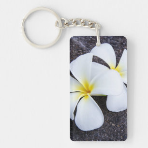 White Plumeria Flower Frangipani Floral Lava Rock Keychain