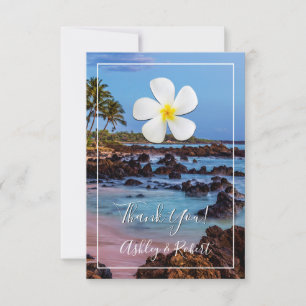 White Plumeria Flower w/ Tropical Beach, Thank You Invitation