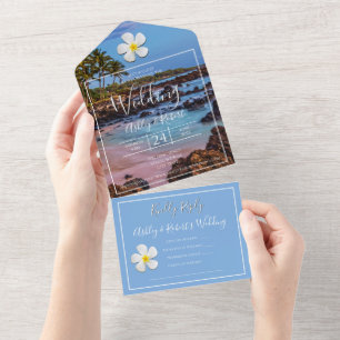 White Plumeria Flower with Tropical Beach, Wedding All In One Invitation