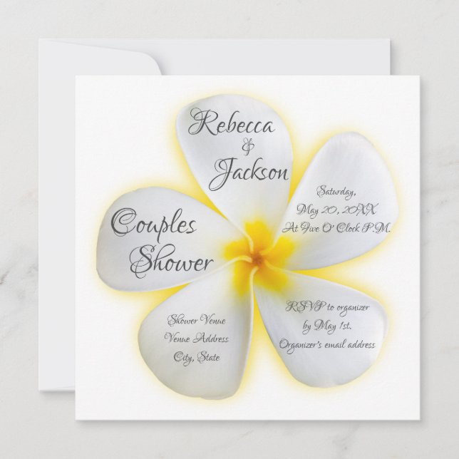 White Plumeria Flower, Yellow, Couples Shower, Invitation (Front)