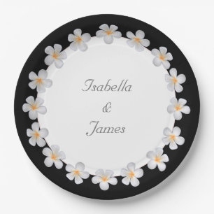 White Plumeria Flowers on Black & White Wedding Paper Plate
