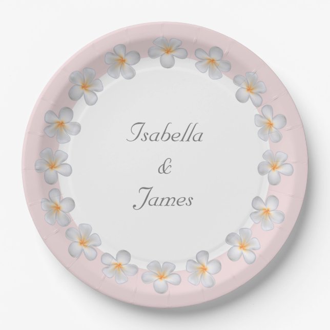 White Plumeria Flowers on Light Pink & White Party Paper Plate (Front)