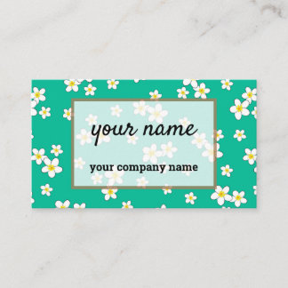 White Plumeria flowers on mint green background Business Card