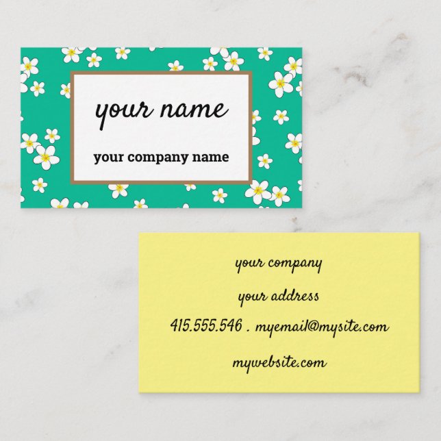 White Plumeria flowers on mint green background Business Card (Front/Back)