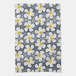 White Plumeria Flowers on Silver Kitchen Towel