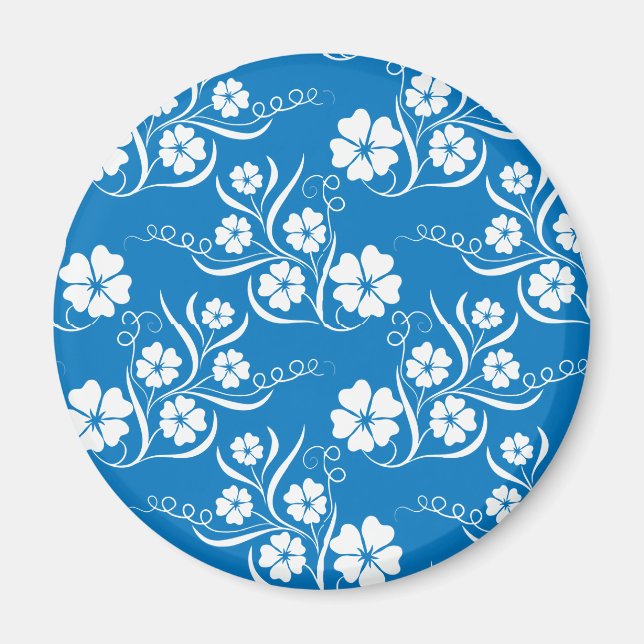 White Plumeria on Blue Pattern Magnet (Front)