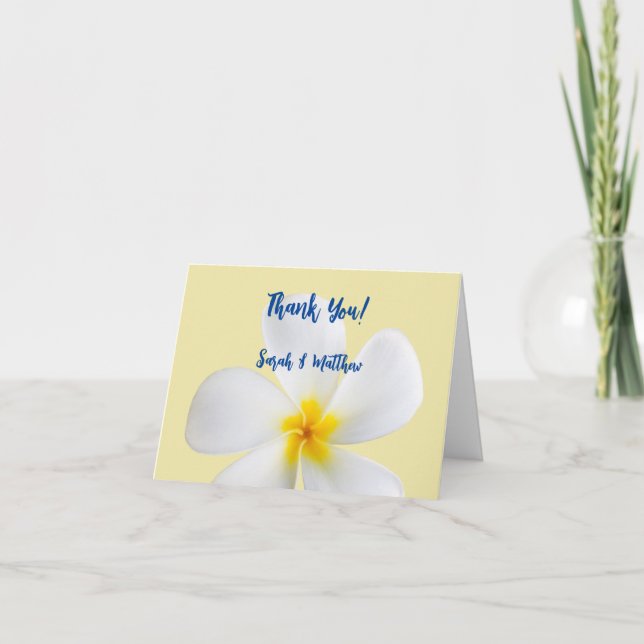 White Plumeria on Yellow, Tropical, Floral, Thank You Card (Front)